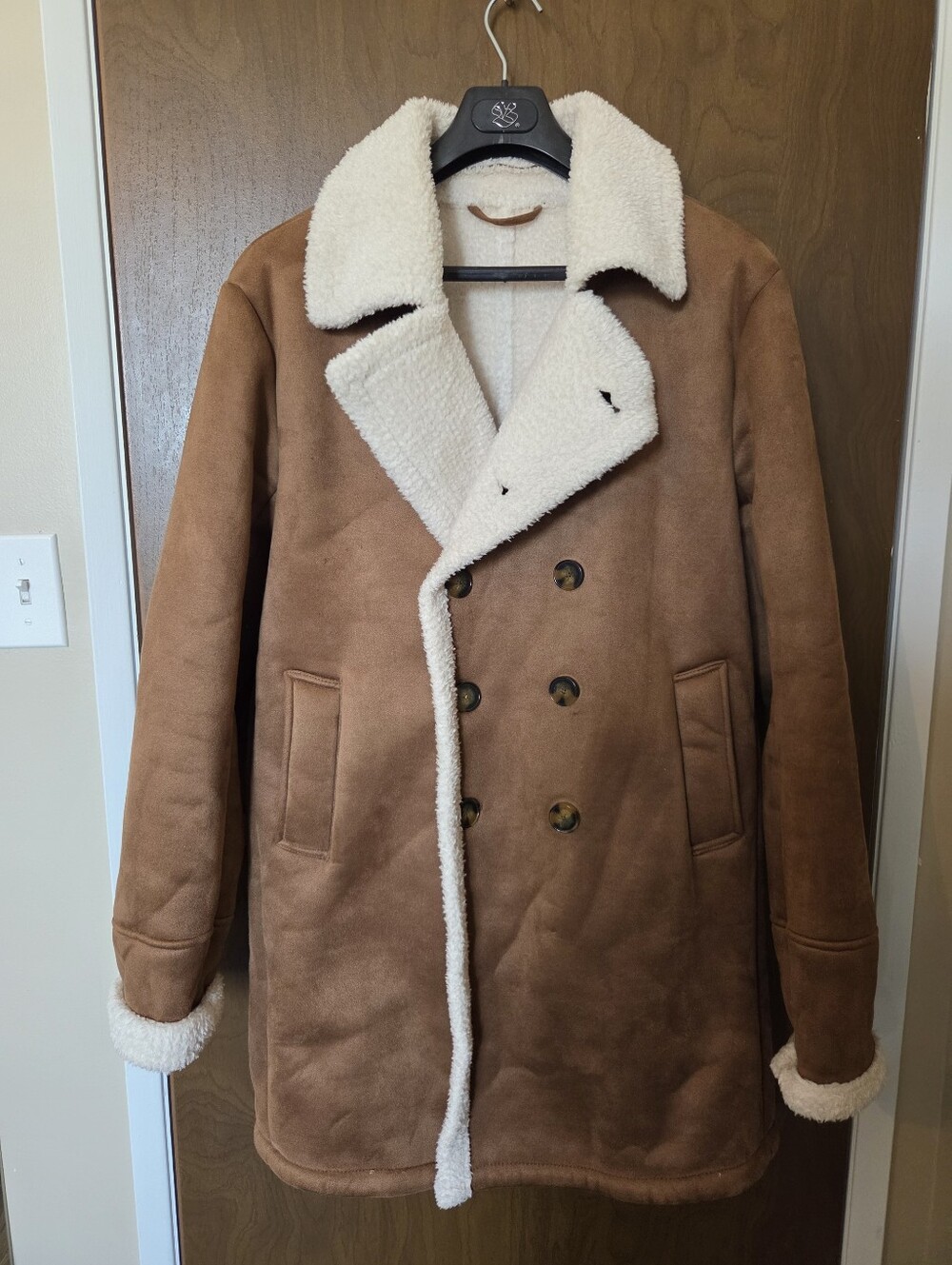 Simons Brown Pea Coat with Cream Shearling Trim